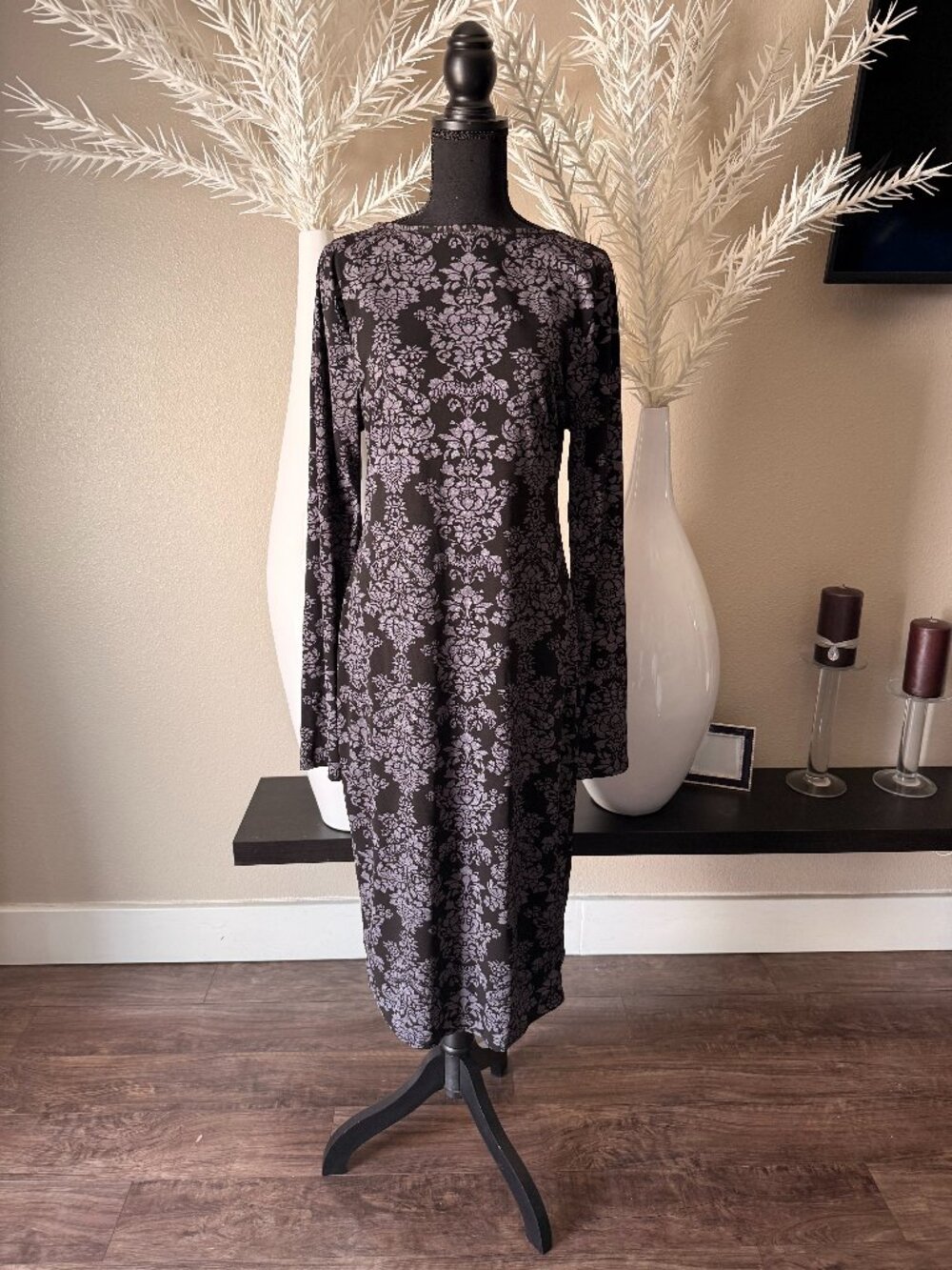 Boohoo Black & Silver Baroque Sparkle Midi Dress Size 14 Stretch